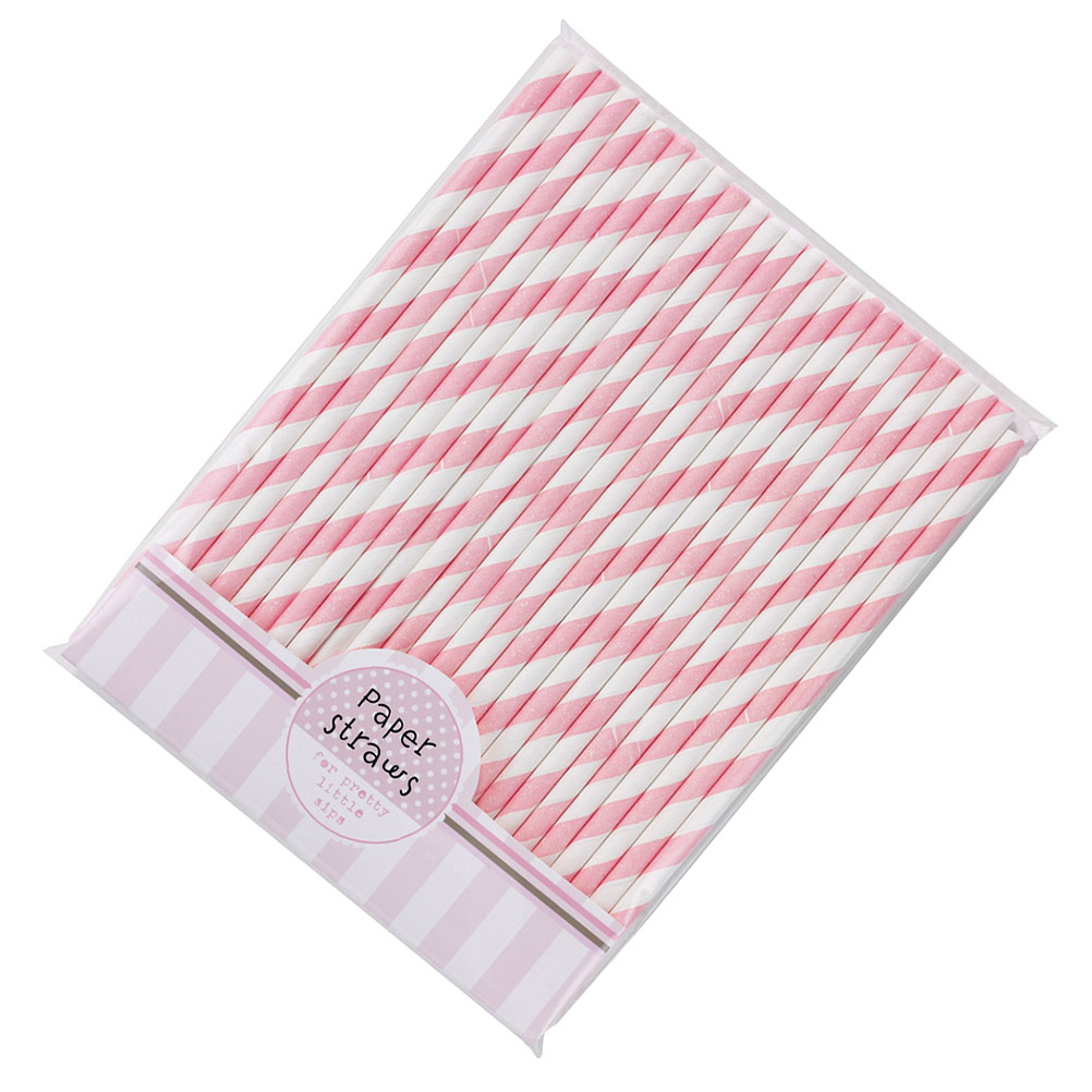 Paper Straw Color - หลอดกระดาษลายทางหลากสี 30 ชิ้น สีชมพูขาว ยาว 20