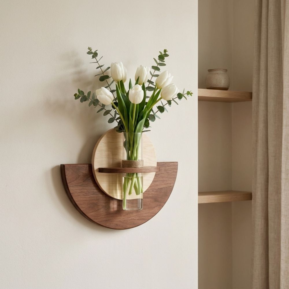 Flower Wall Panel - ชั้นวางดอกไม้ติดผนังไม้รูปวงรี ประหยัดพื้นที่ สำหรับปลูกพืชแบบไฮโดรโพนิก แผงแขวนต้นไม้ ขาตั้งดอกไม้หนา ตกแต่งระเบียง